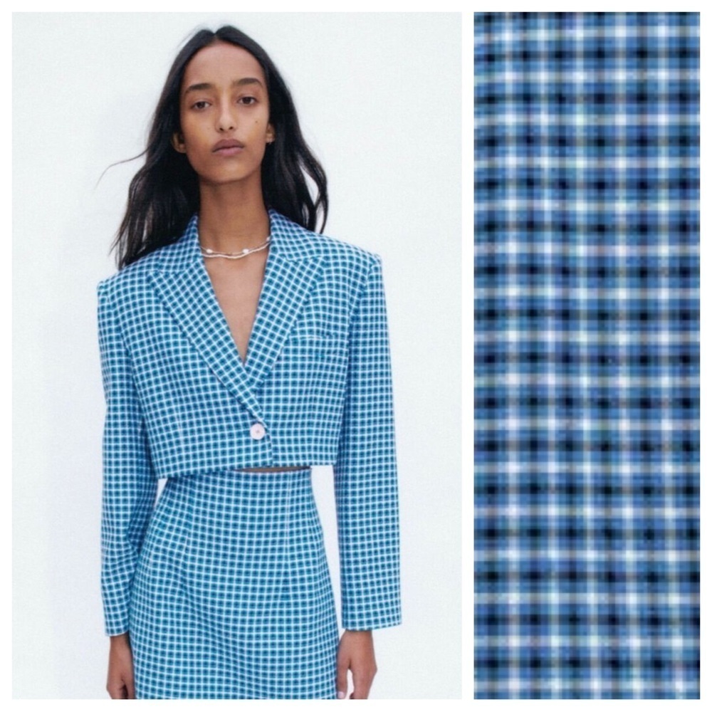 NWT. Zara Blue Checked Cropped Blazer. Size XS.